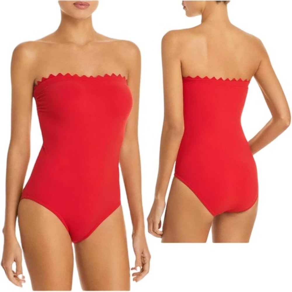 NWT! Karla Colletto Cherry Red Scalloped Ines Bandeau One Piece Swimsuit NEW!